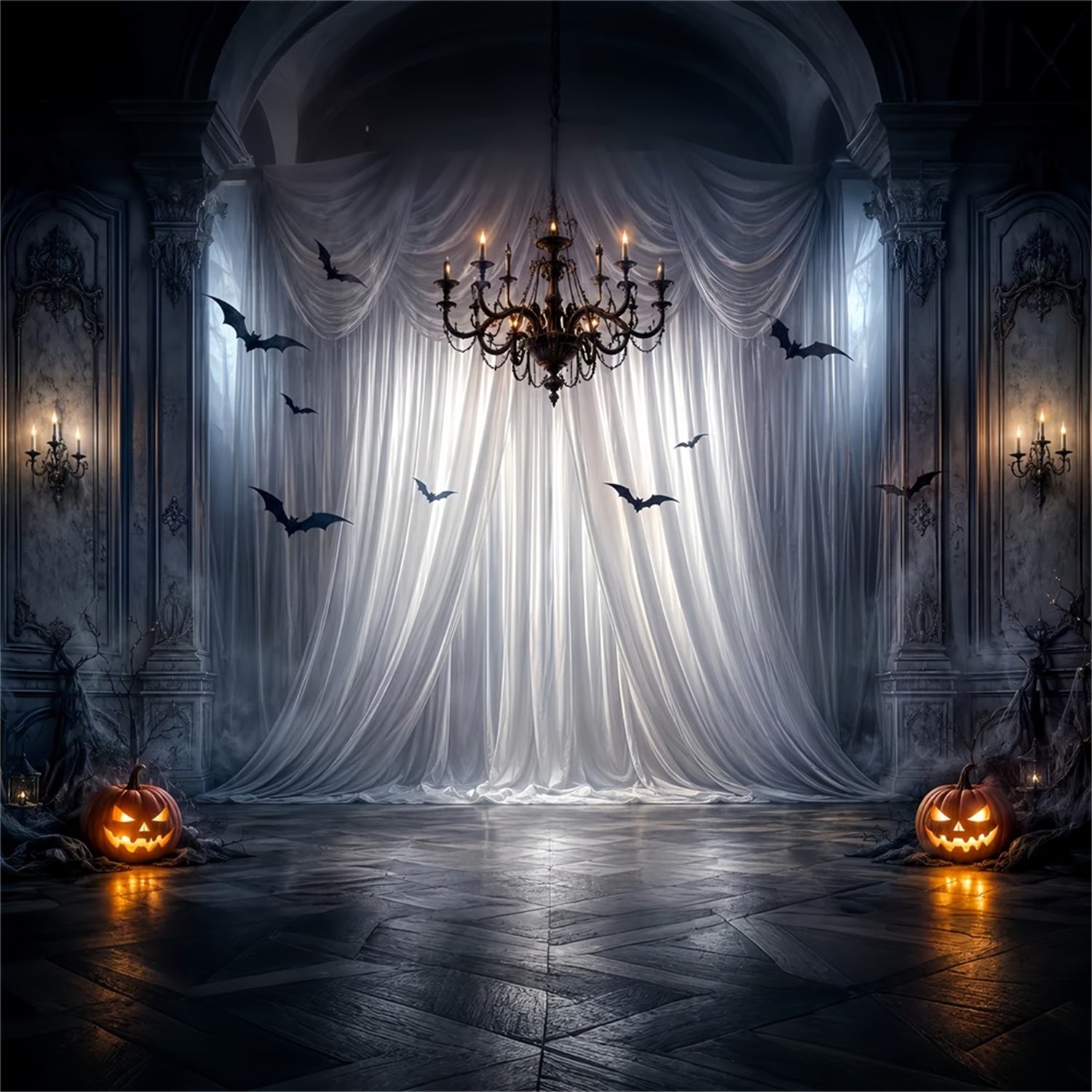 Halloween Party Photo Backdrop Ideas Gothic Drapery Chandelier Bats Creepy Halloween Backdrop UK LXX67-50