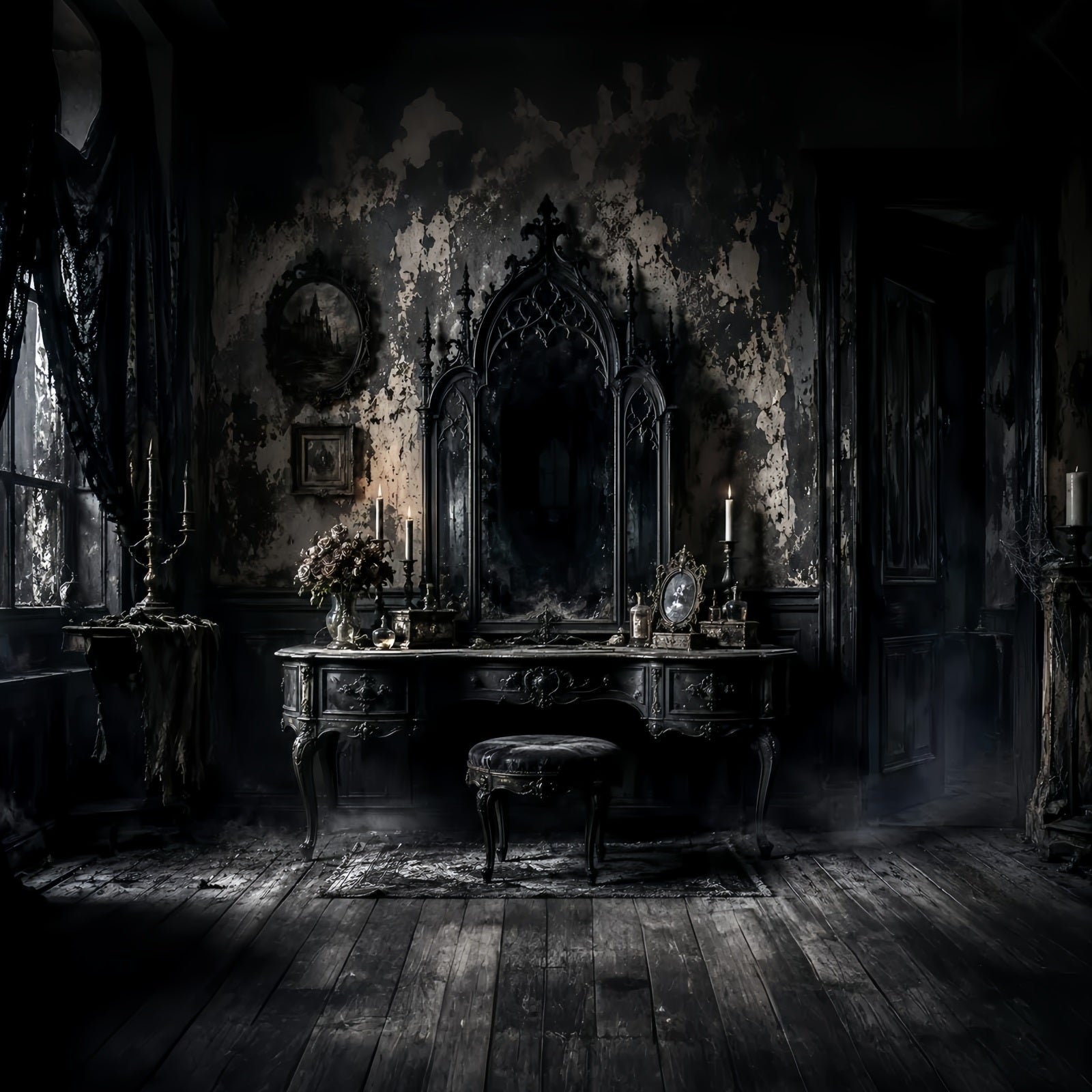 Halloween Theme Backdrop Gothic Mirror Vanity Room Halloween Backdrop For Photos UK LXX67-60