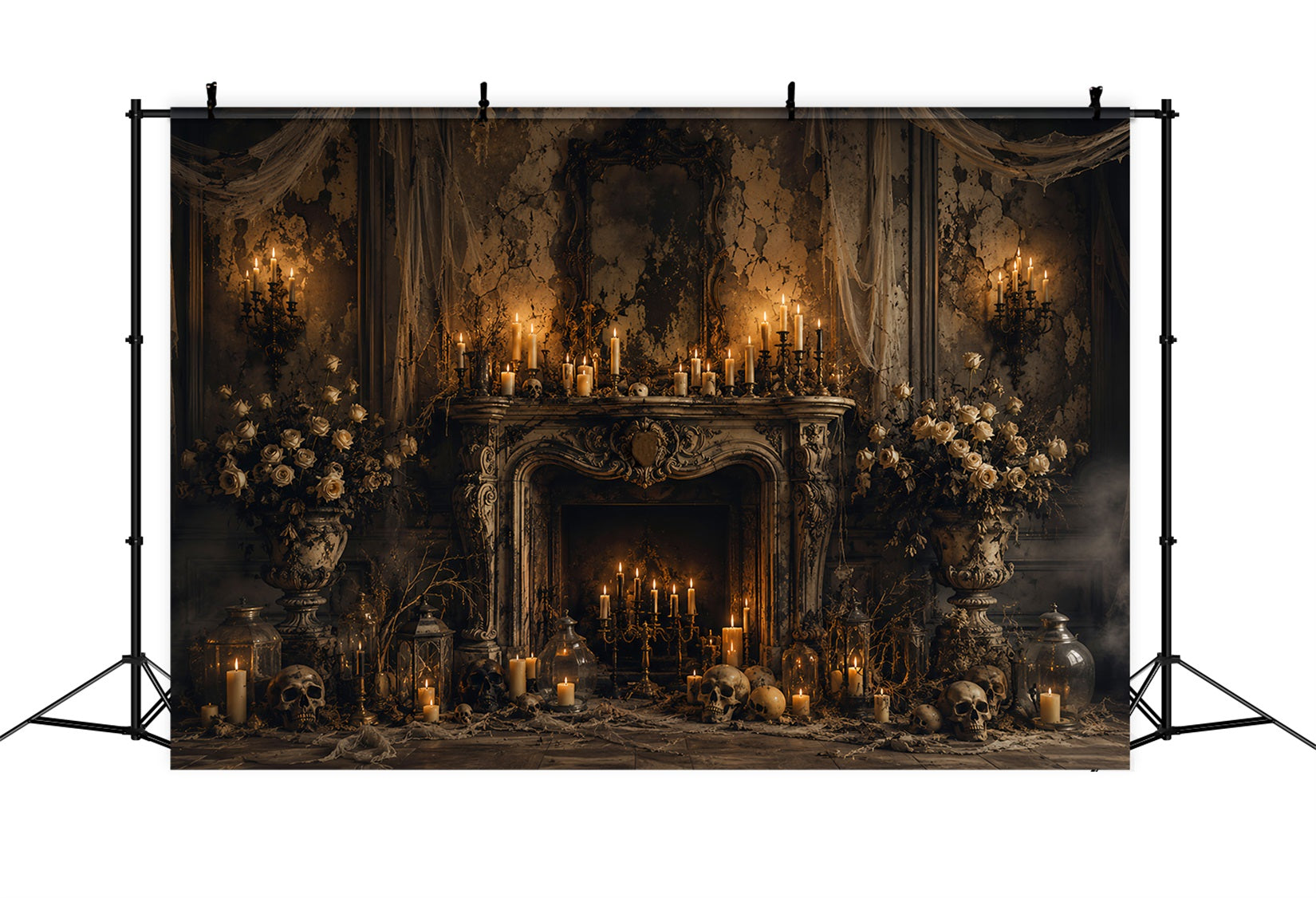 Fabric Halloween Backdrop Gothic Candle Skull Fireplace Halloween Backdrop For Pictures UK LXX67-61