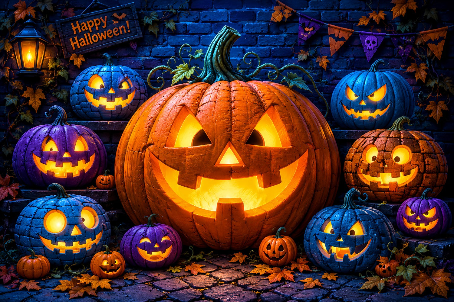 Halloween Pumpkin Backdrop Colorful Lanterns Brick Wall Halloween Photo Backdrop Ideas UK LXX67-69