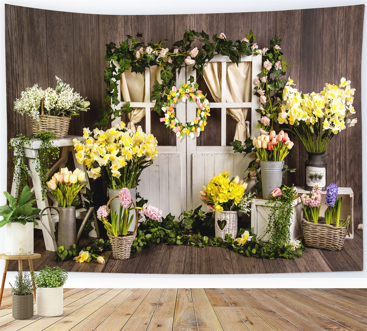 Spring Flower Wreath Wooden Door Vintage Backdrop M1-22