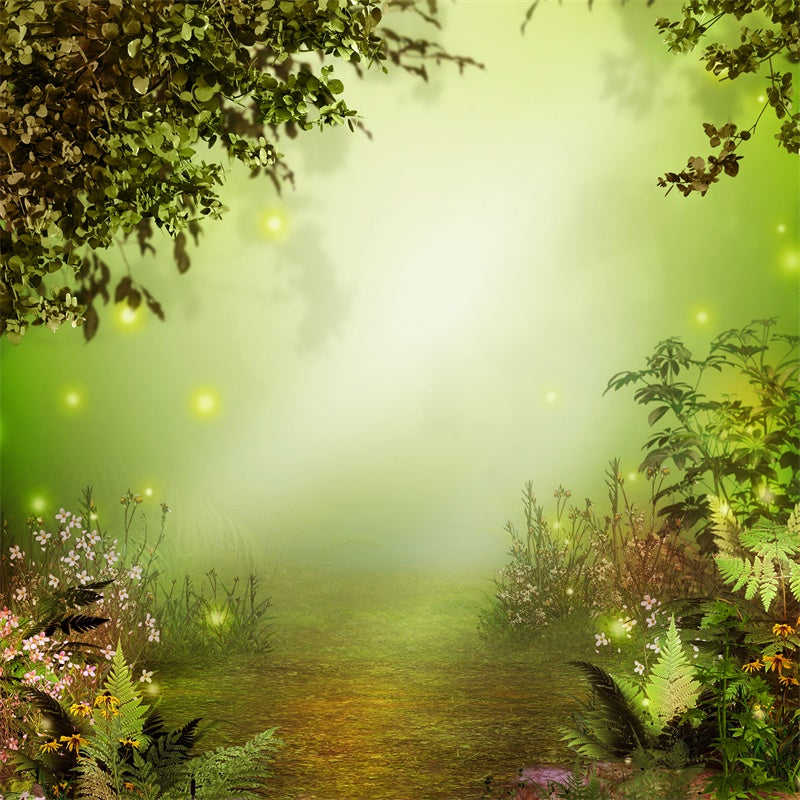 Hazy Misty Early Morning Forest with Flowers Backdrop M1-66