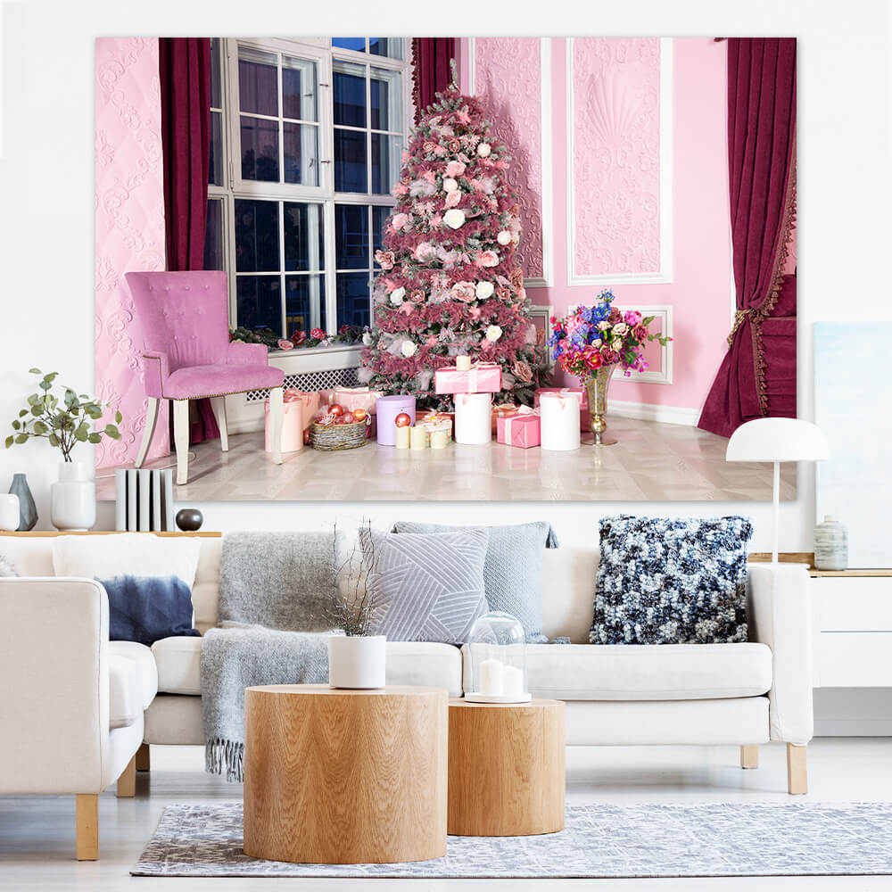Pink Christmas Tree Room Gifts Backdrop UK M10-45