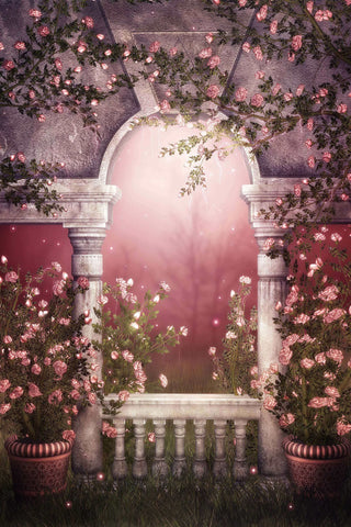 Fantasy Pink Wild Rose Vines Surrounding Marble Gazebo Misty Forest Backdrop M2-17