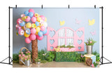 1st Birthday Colorful Balloon Tree Blue Wall Pink Window Bird Butterfly Backdrop M2-23