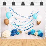Birthday Party Beige Wall Wooden Floor Colourful Dots Balloon Paper Flower Backdrop M2-29