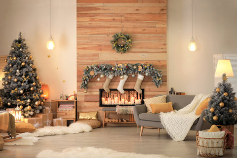 Christmas Tree Fireplace Room Interior Backdrop UK M6-140