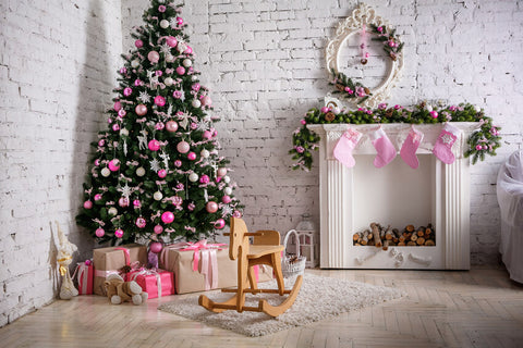 Christmas Tree Pink Socks Fireplace Backdrop UK M7-12