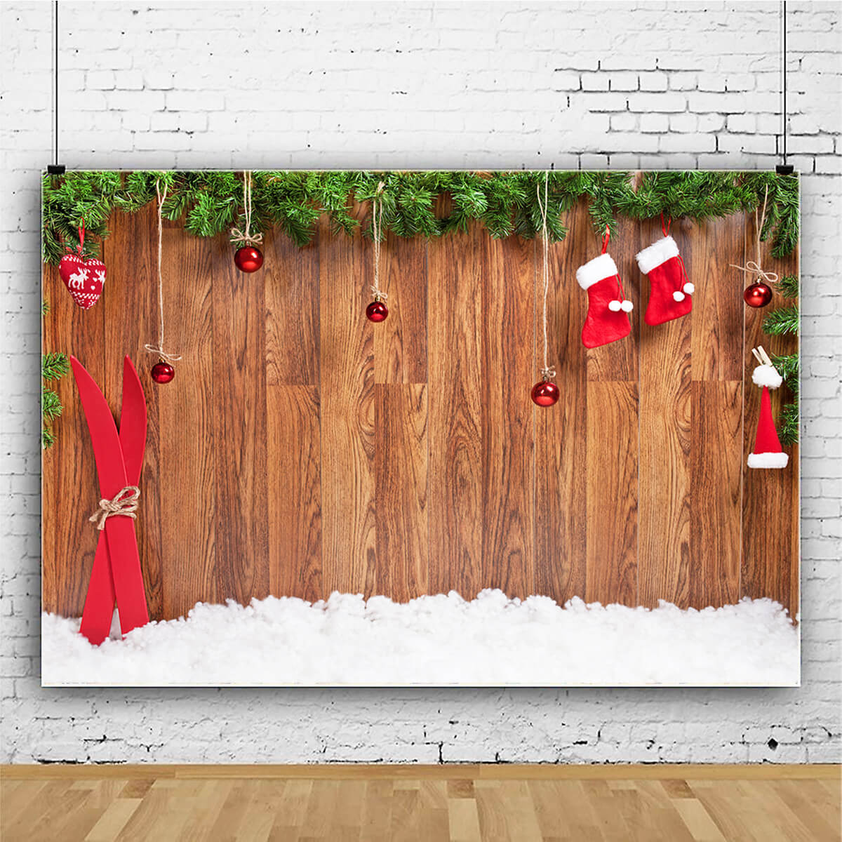 Christmas Stockings Wood Plank Snow Backdrop UK M9-04