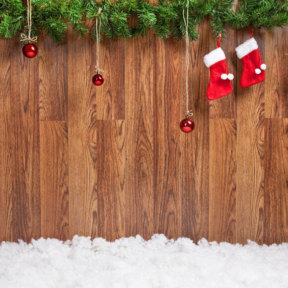 Christmas Stockings Wood Plank Snow Backdrop UK M9-04
