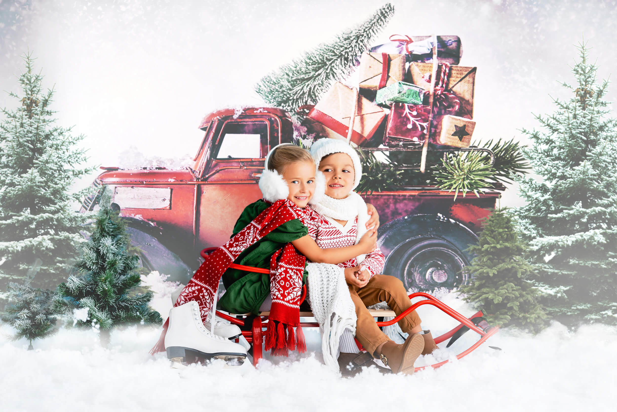Christmas Red Truck with Pine Tree Gifts Backdrop UK M9-18