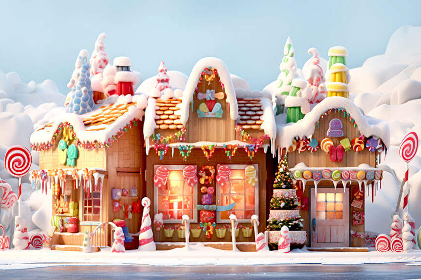 Christmas Snowy Gingerbread Candy House Backdrop UK M9-37