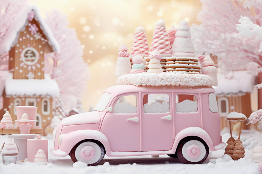 Pink Ice Cream Car Gingerbread Xmas Backdrop UK M9-62
