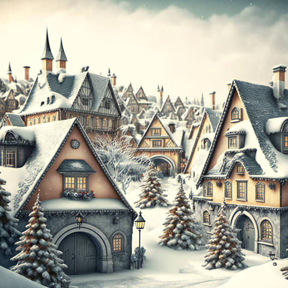 Winter Snowy Village Christmas Tree Backdrop UK M9-77