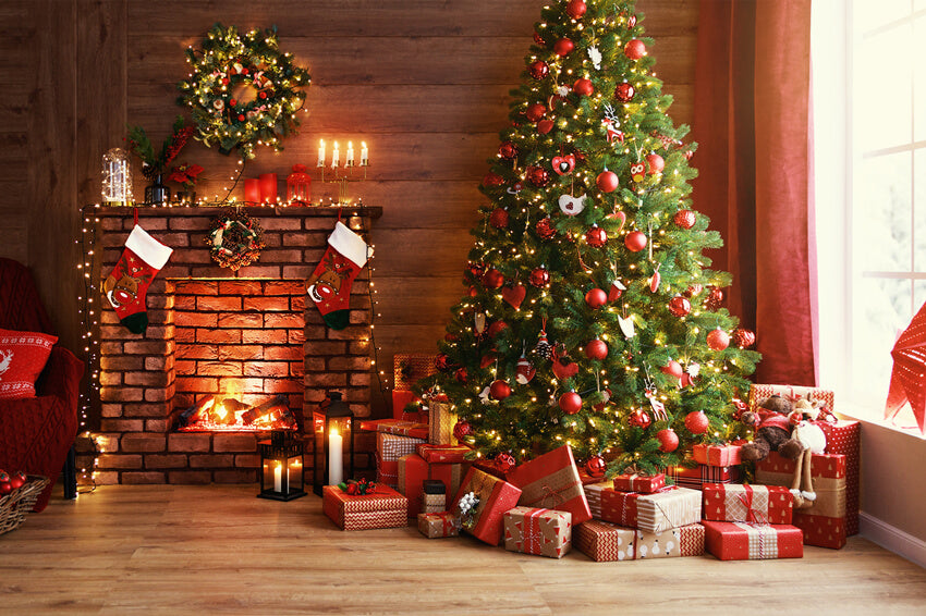Christmas Glowing Tree Fireplace Gifts Backdrop UK M9-81
