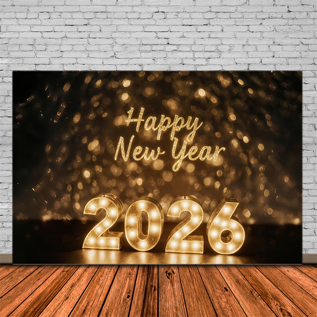 Happy New Year 2026 Backdrop Golden Lights Celebration Glow New Years Eve Backdrop UK MRR10-1
