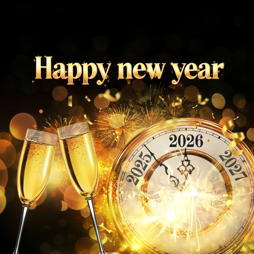 2026 Happy New Year Backdrop Golden Clock Midnight Toast New Year's Backdrops UK MRR10-11