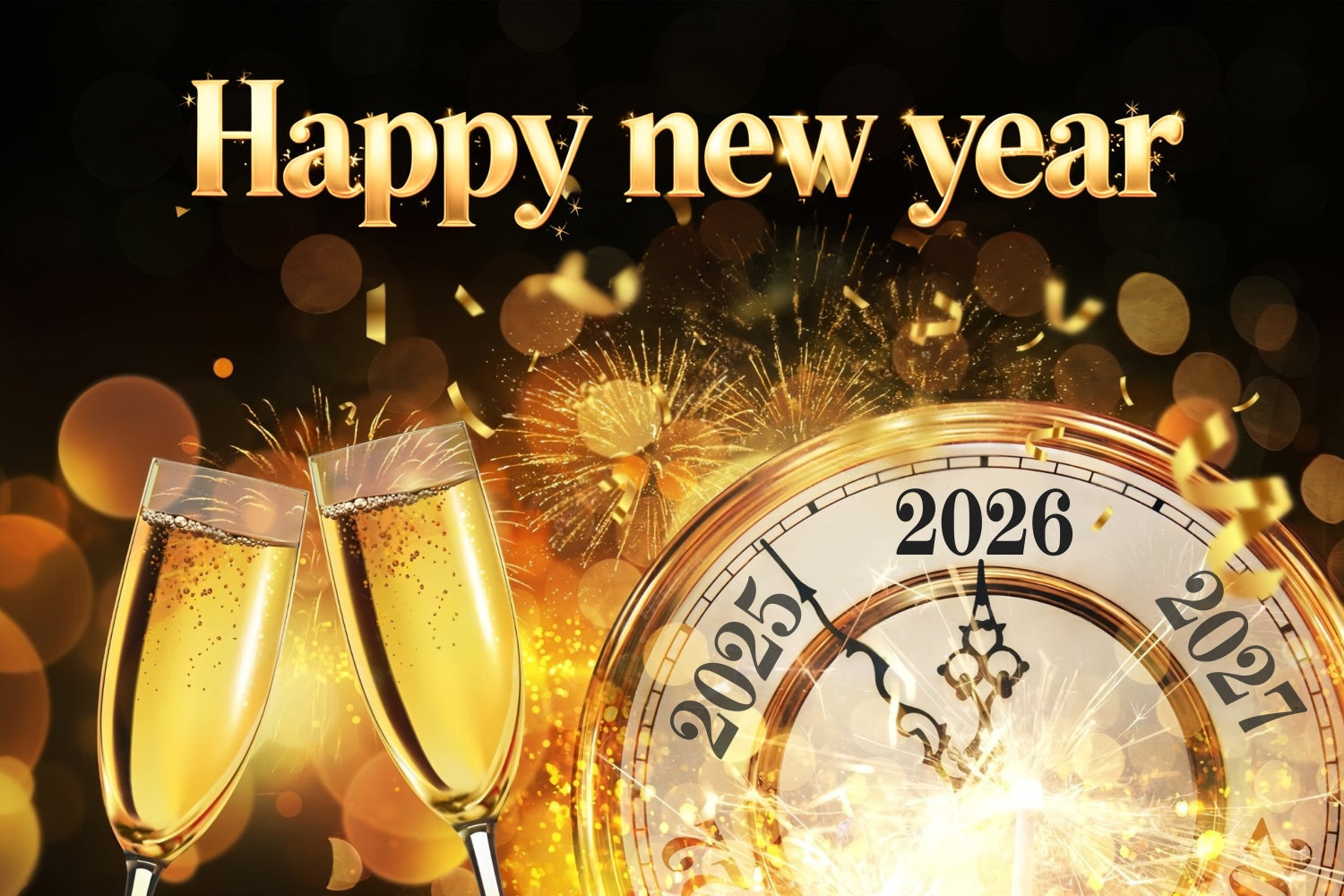 2026 Happy New Year Backdrop Golden Clock Midnight Toast New Year's Backdrops UK MRR10-11