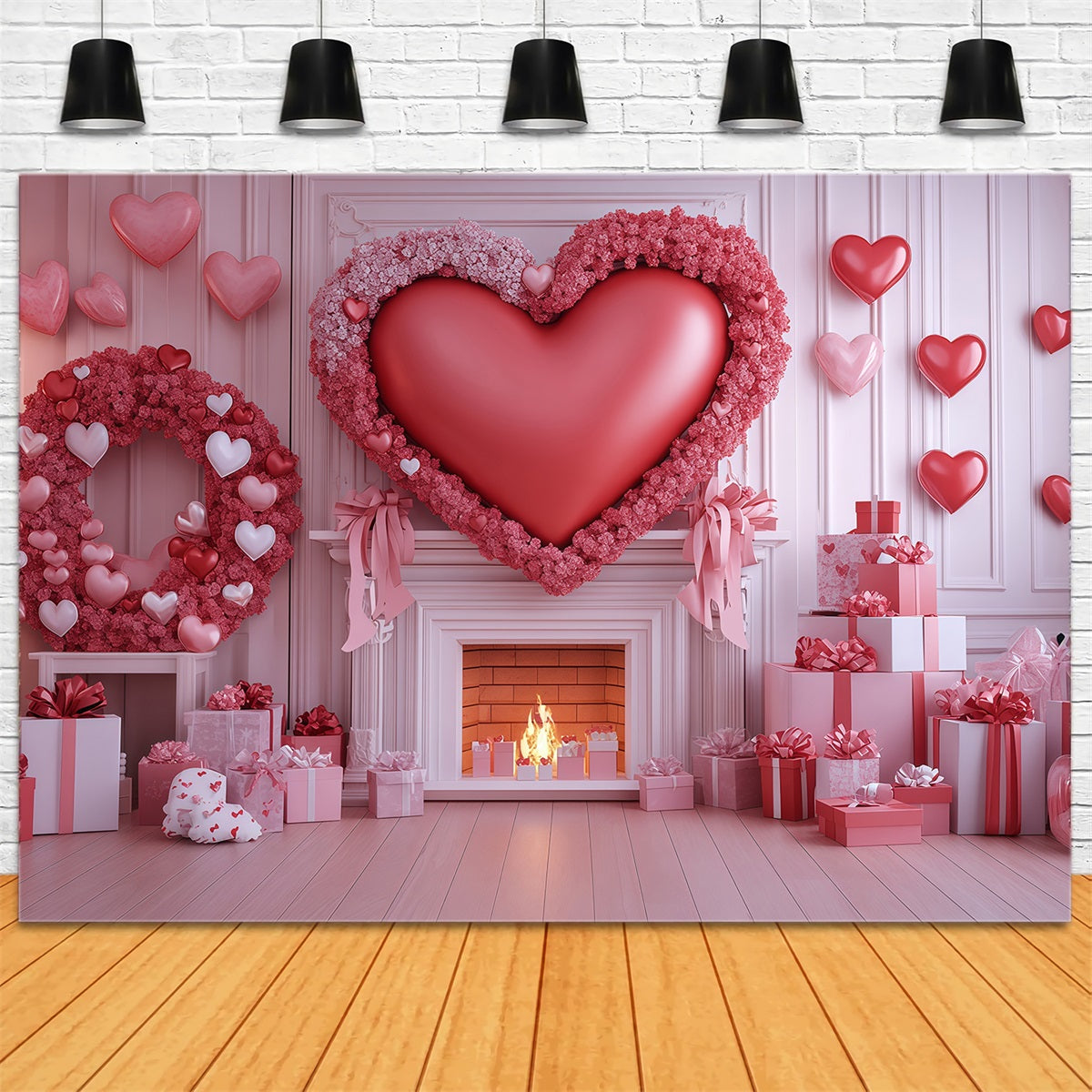 Valentine's Day Hearts Backdrop Pink Heart Gift Fireplace Valentines Backdrop UK MRR11-101