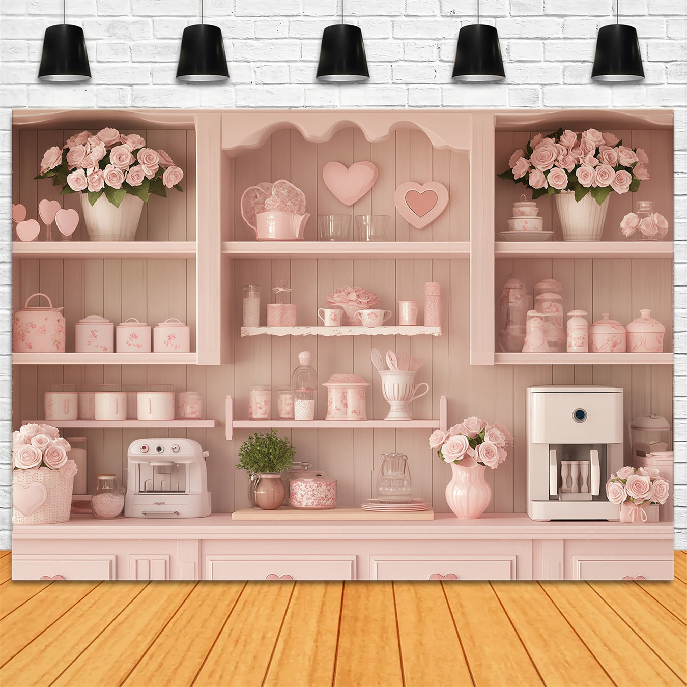 Valentine Day Backdrop Pastel Heart Cozy Kitchen Valentines Photo Backdrop UK MRR11-106