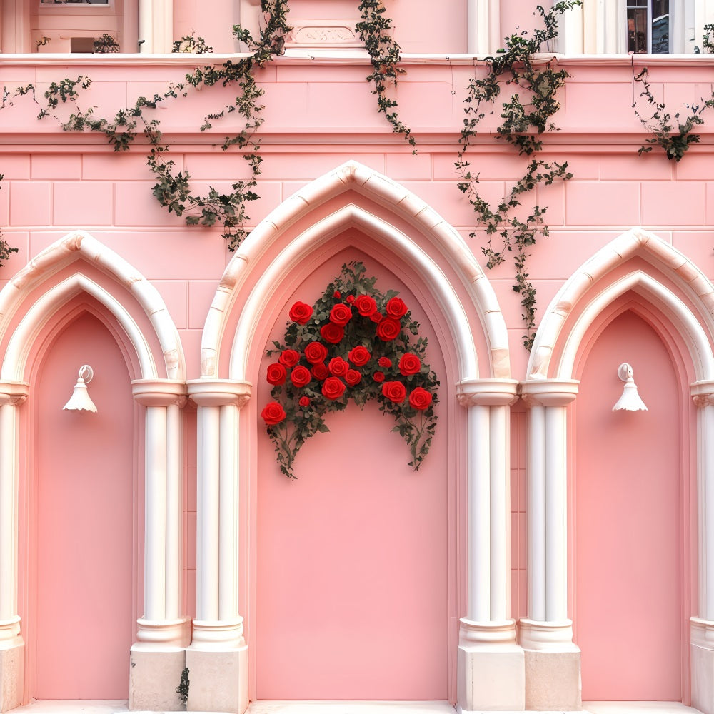 Pink Valentine Backdrop Pink Brick Arch Flower Valentine's Day Backdrop UK MRR11-110