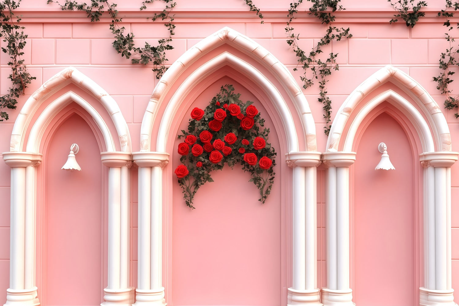 Pink Valentine Backdrop Pink Brick Arch Flower Valentine's Day Backdrop UK MRR11-110