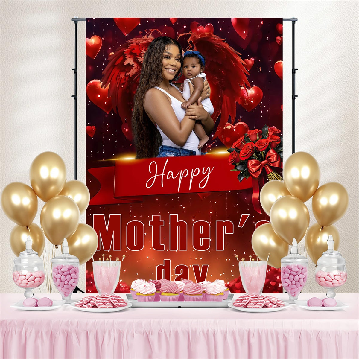 Backdrop For Mothers Day Red Roses Angelic Wings Customized Backdrop UK MRR3-114