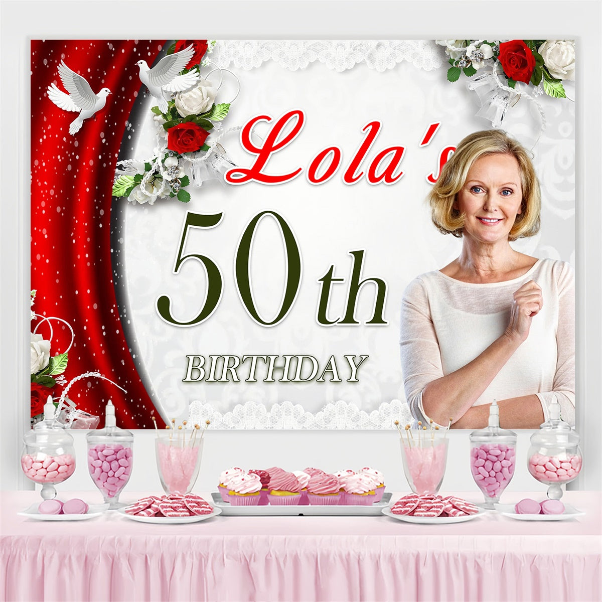Personalized 50th Birthday Backdrop Red Curtain Dove Backdrop UK MRR3-141