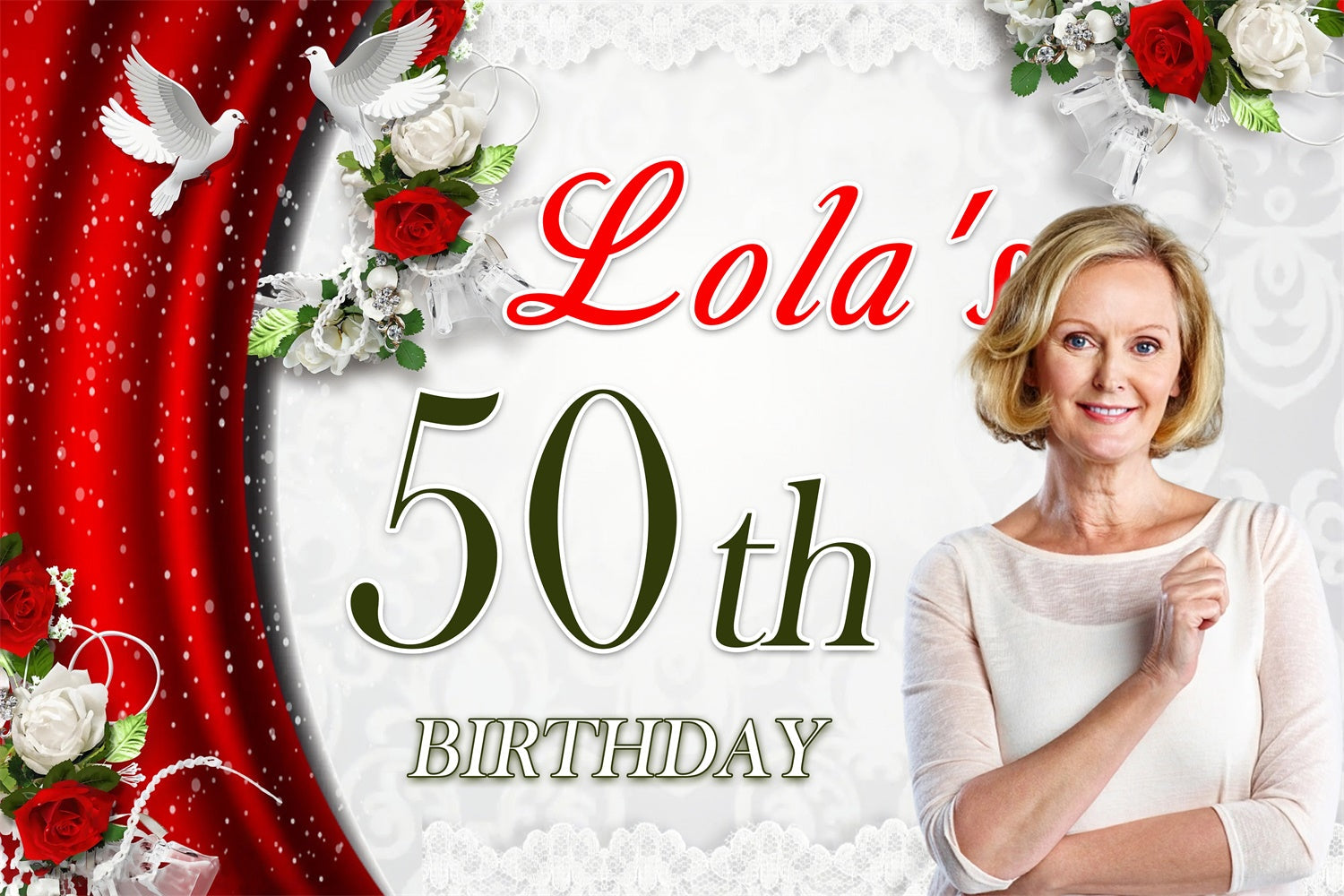 Personalized 50th Birthday Backdrop Red Curtain Dove Backdrop UK MRR3-141