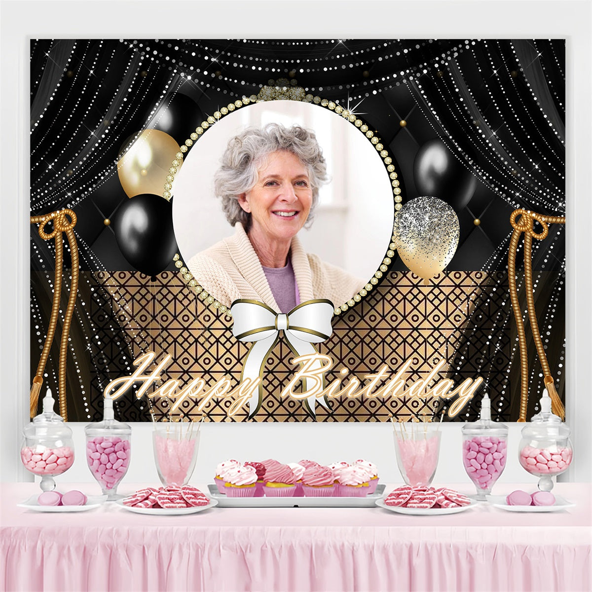 Customized Birthday Backdrop Glamorous Black Gold Curtain Backdrop UK MRR3-142