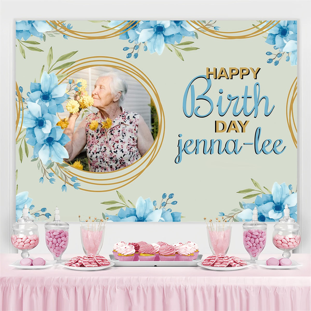 Personalized Birthday Backdrops Elegant Soft Blue Flower Backdrop UK MRR3-144