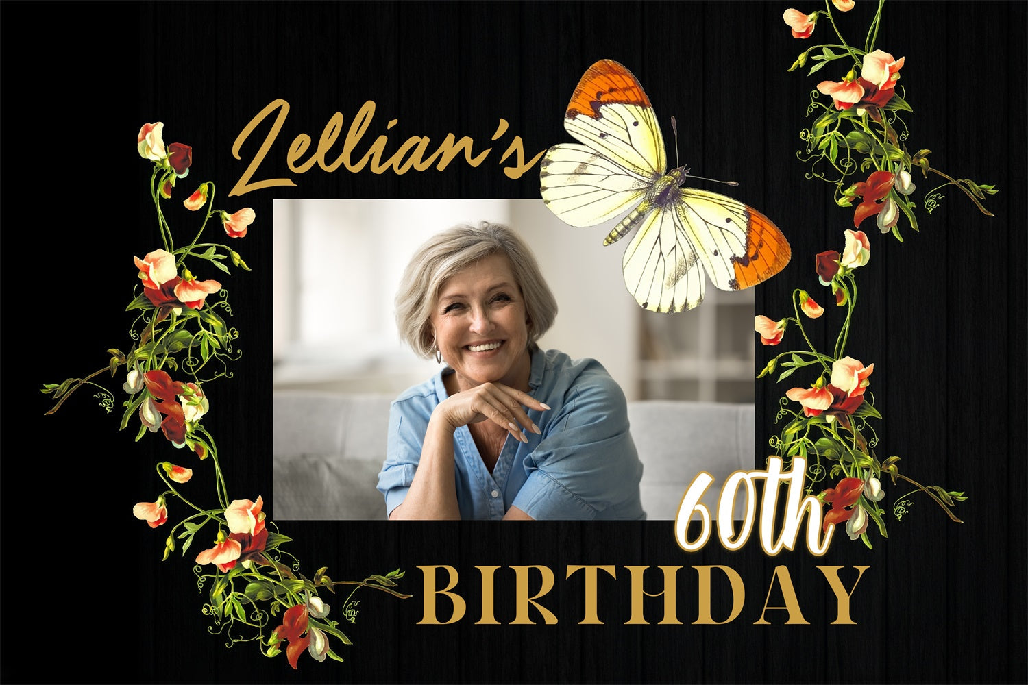 Custom Happy Birthday Backdrop Rustic Butterfly Floral 60th Backdrop UK MRR3-146