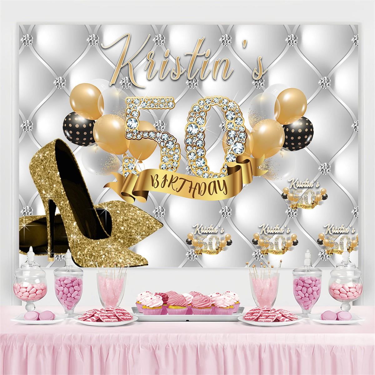 Personalized 50th Birthday Backdrop Diamond Gold Heels Backdrop UK MRR3-154