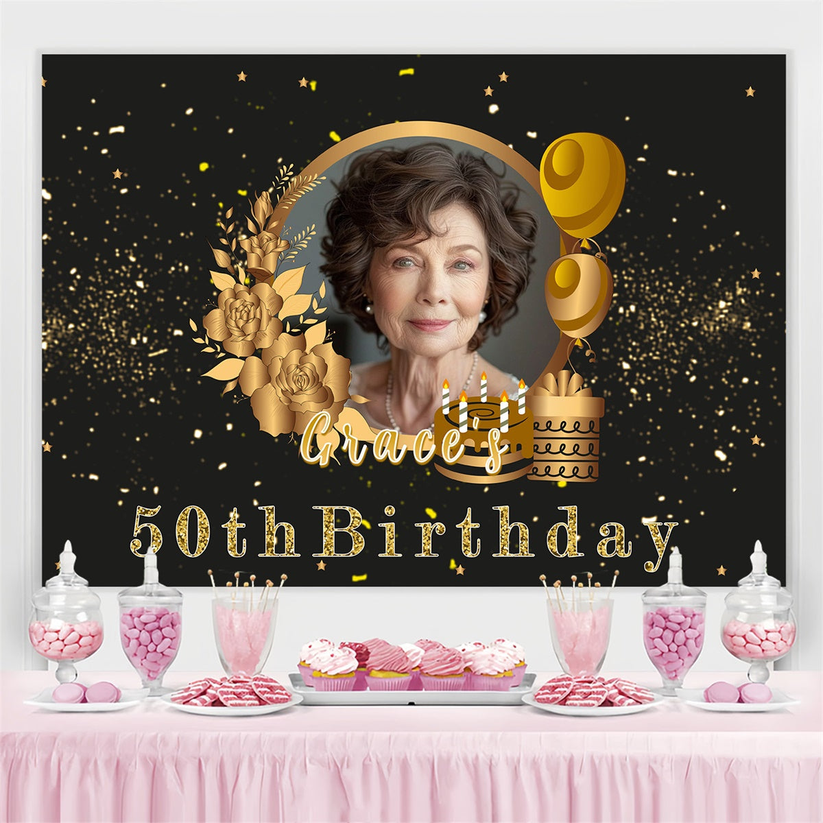 Personalized 50th Birthday Backdrop Chic Gold Floral Backdrop UK MRR3-159
