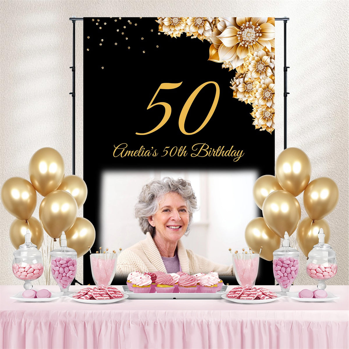 Personalized 50th Birthday Backdrop Elegant Gold Flower Backdrop UK MRR3-164