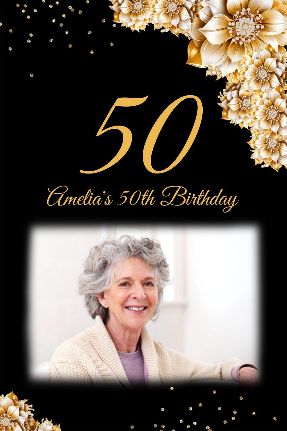 Personalized 50th Birthday Backdrop Elegant Gold Flower Backdrop UK MRR3-164