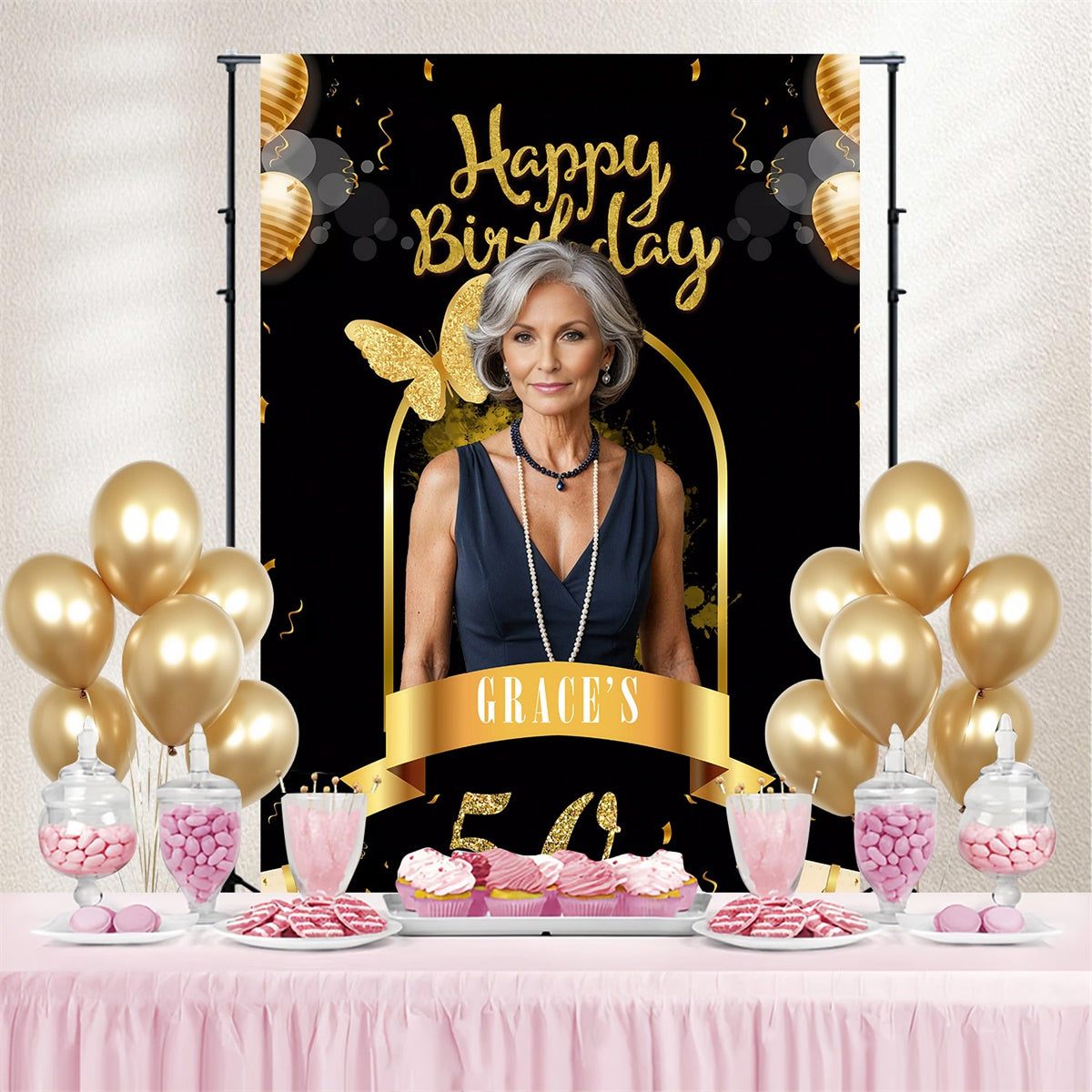Custom Birthday Backdrops Chic Gold Butterfly 50th Birthday Backdrop UK MRR3-168