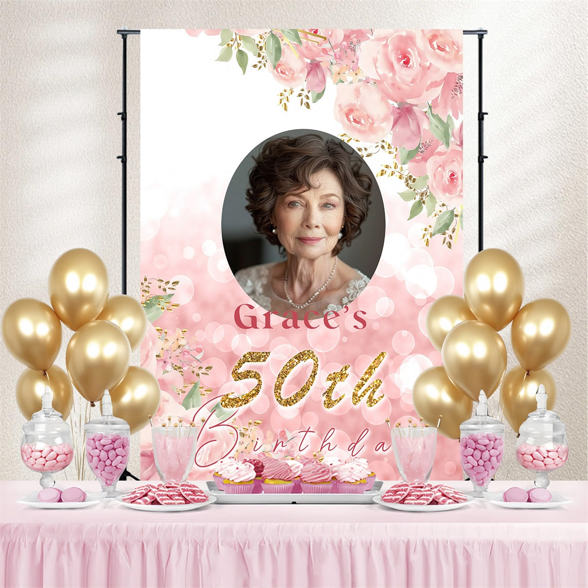 Personalized 50th Birthday Backdrop Romantic Floral Elegant Backdrop UK MRR3-169