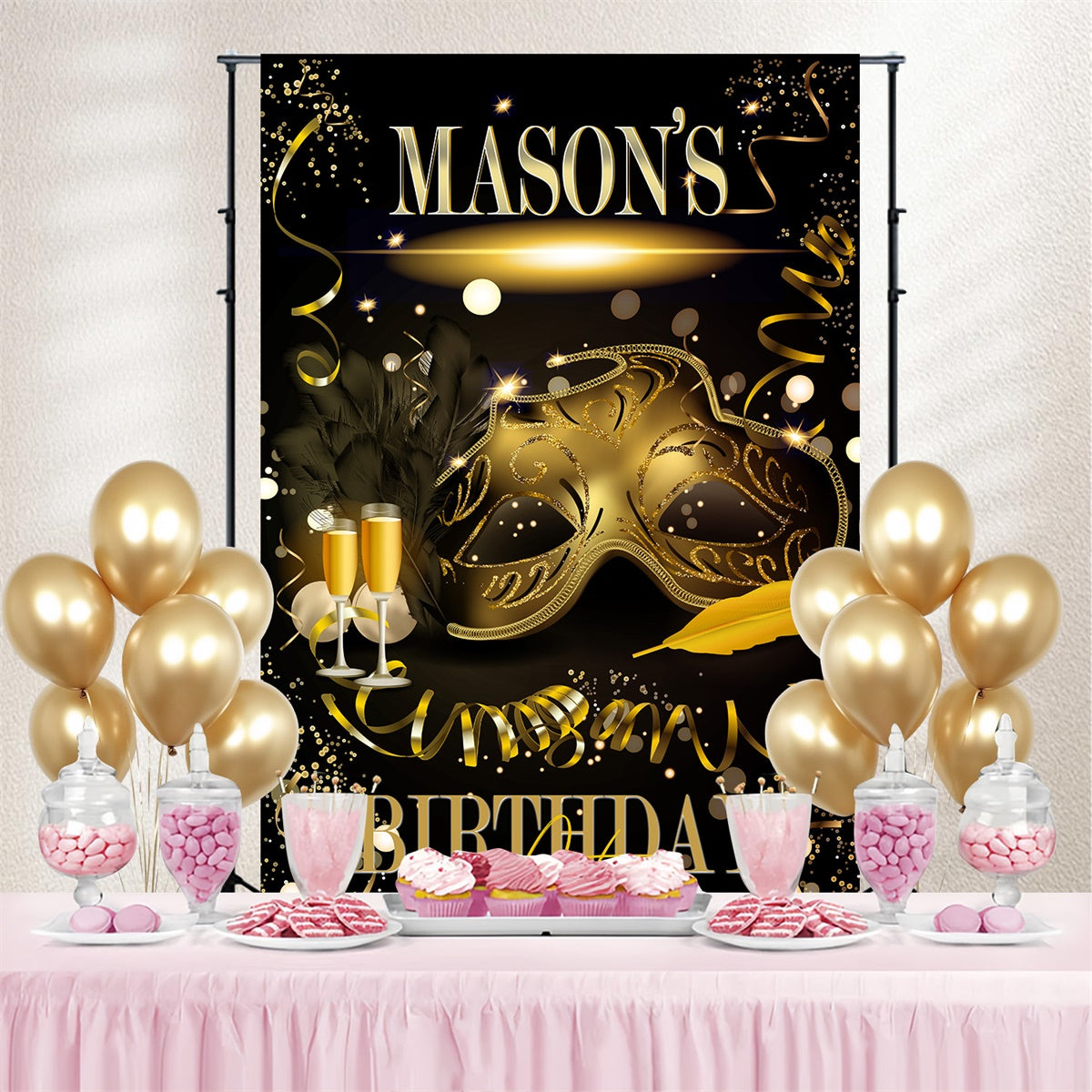 Customized Backdrop For Birthday Elegant Mask Gold Theme Backdrop UK MRR3-170