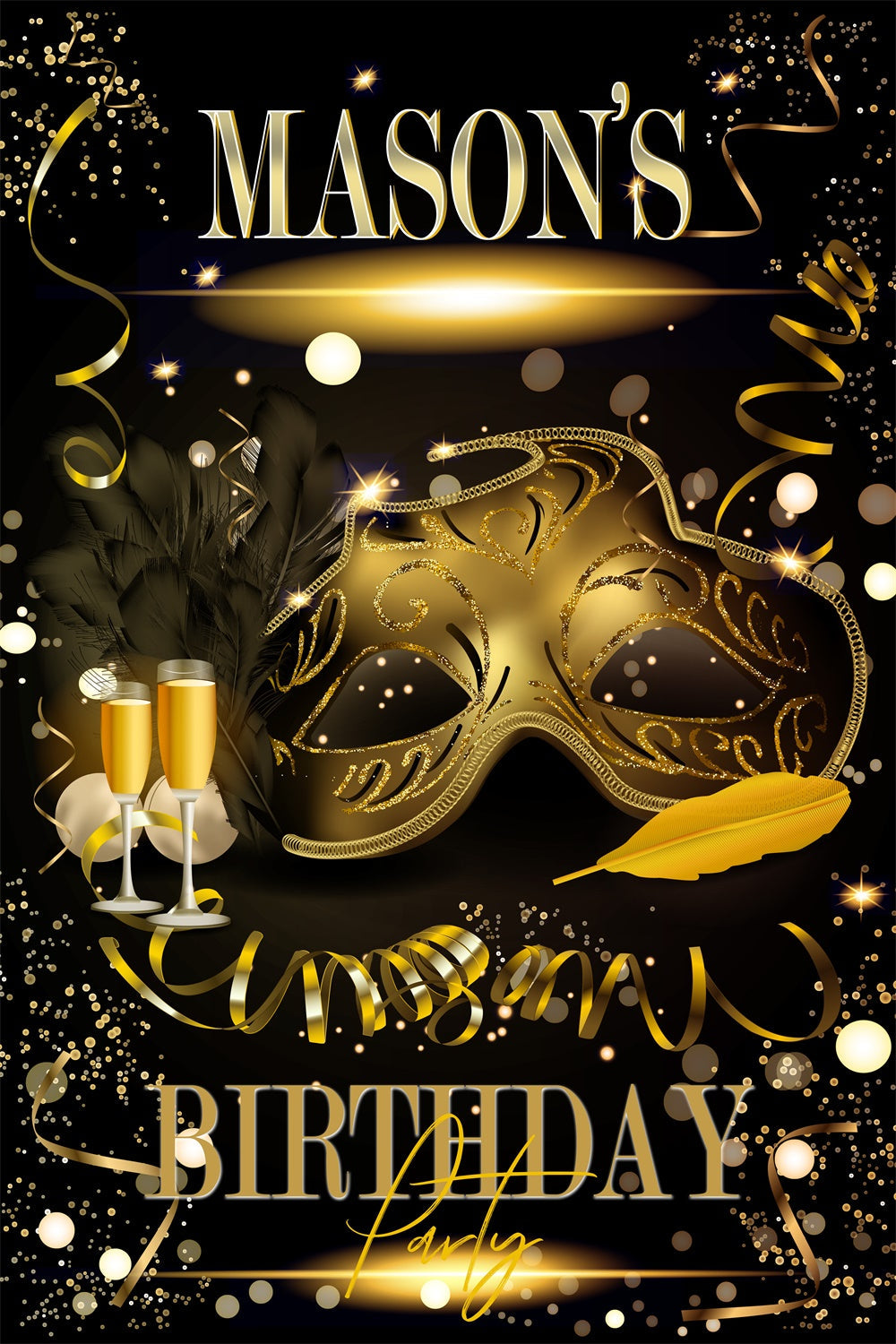 Customized Backdrop For Birthday Elegant Mask Gold Theme Backdrop UK MRR3-170