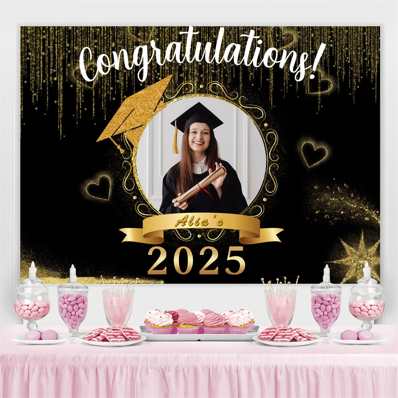 Graduation Backdrop Golden Sparkle Hearts Custom Party Graduation Backdrop UK MRR3-171