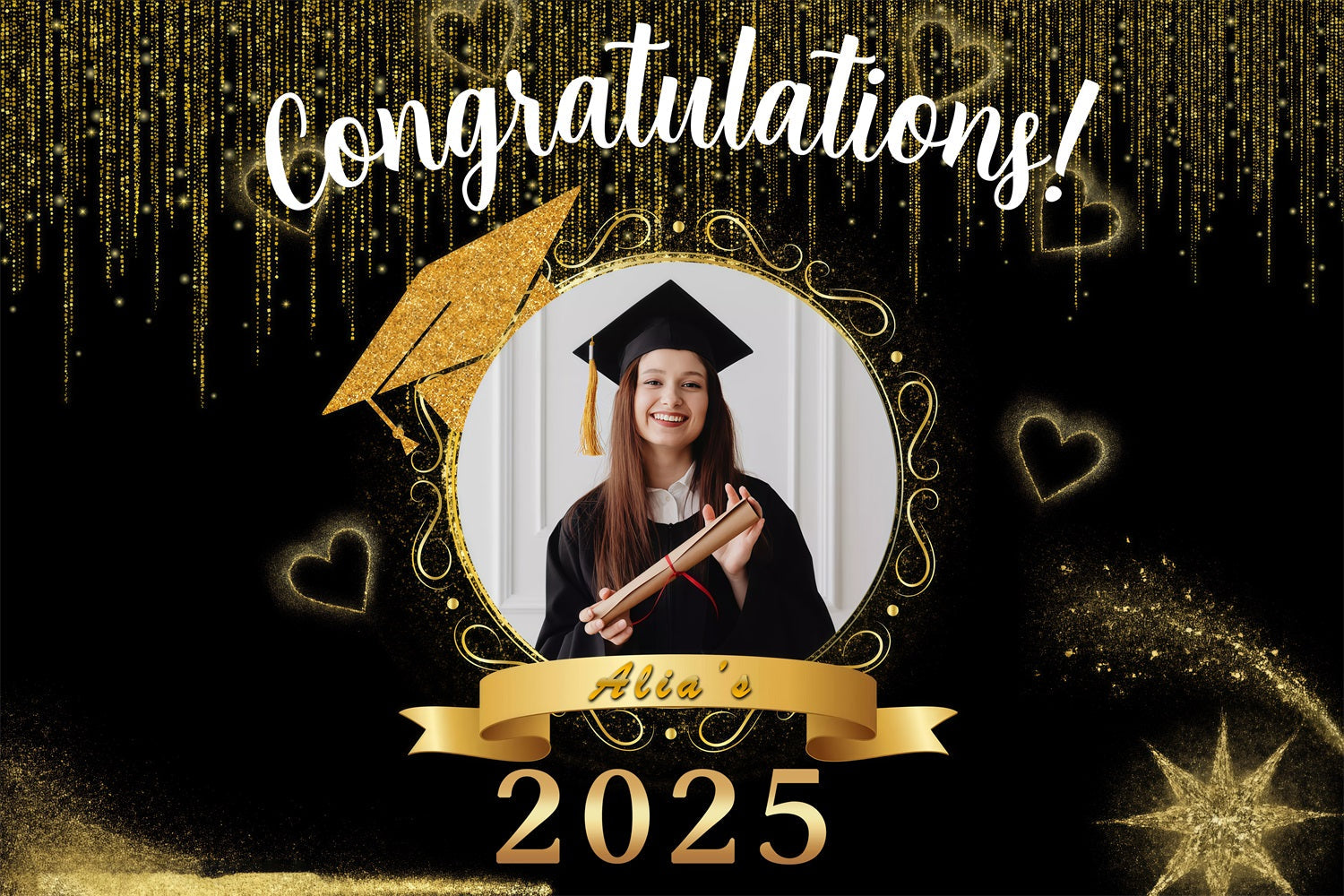 Graduation Backdrop Golden Sparkle Hearts Custom Party Graduation Backdrop UK MRR3-171