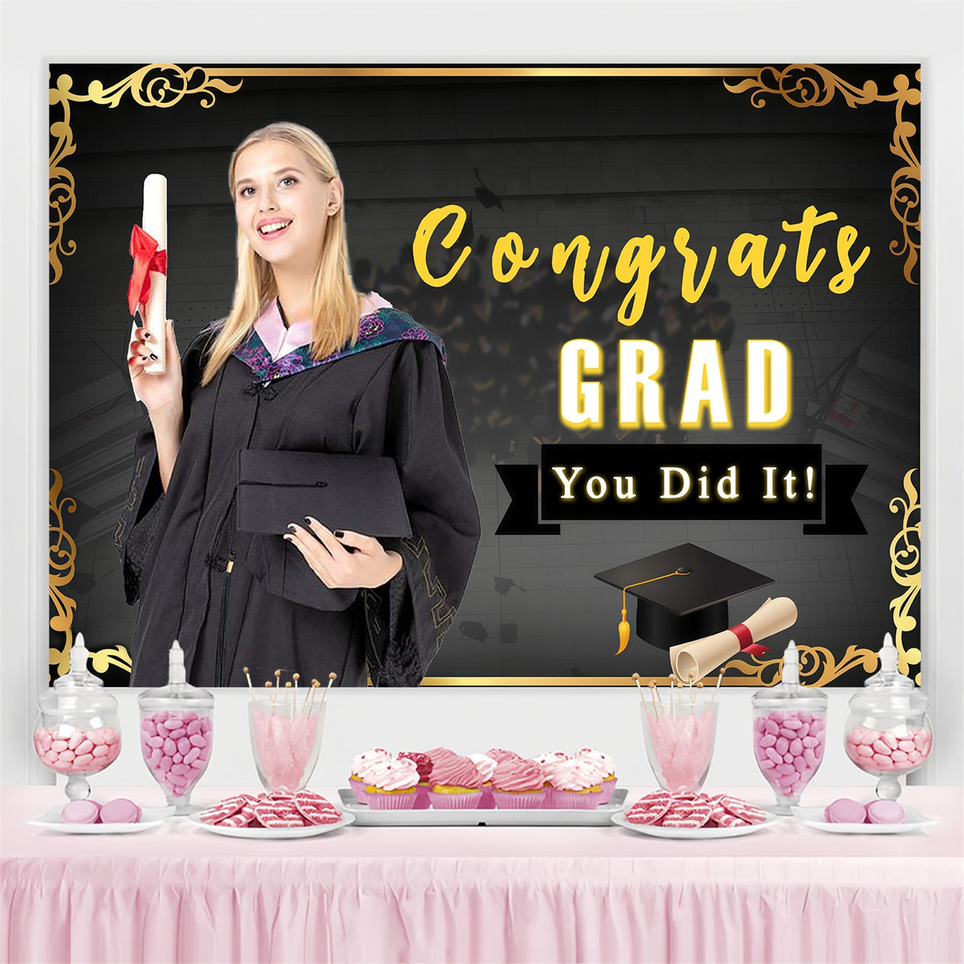 2025 Graduation Backdrop Black Gold Hat Customized Party Graduation Backdrop UK MRR3-173