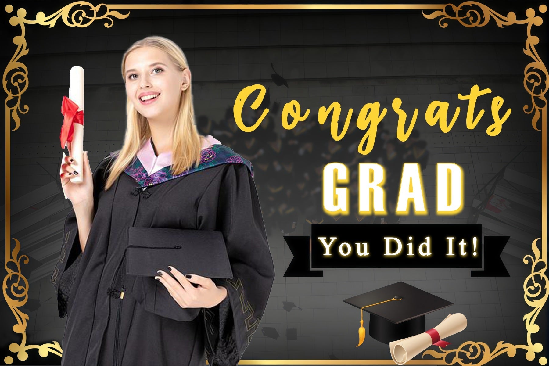 2025 Graduation Backdrop Black Gold Hat Customized Party Graduation Backdrop UK MRR3-173