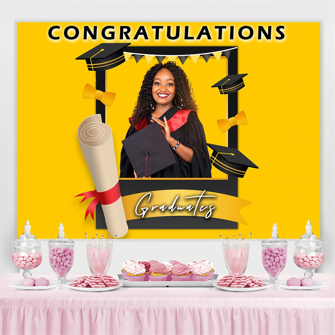 Graduation Backdrop Photoshoot Yellow Cap Frame Personalised Party Graduation Backdrop UK MRR3-174