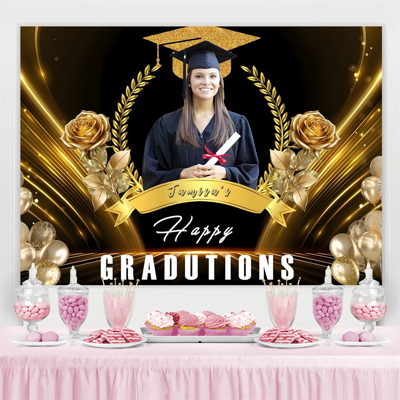 Graduated Backdrop Gold Cap Roses Balloons Personalized Party Graduation Backdrop UK MRR3-176