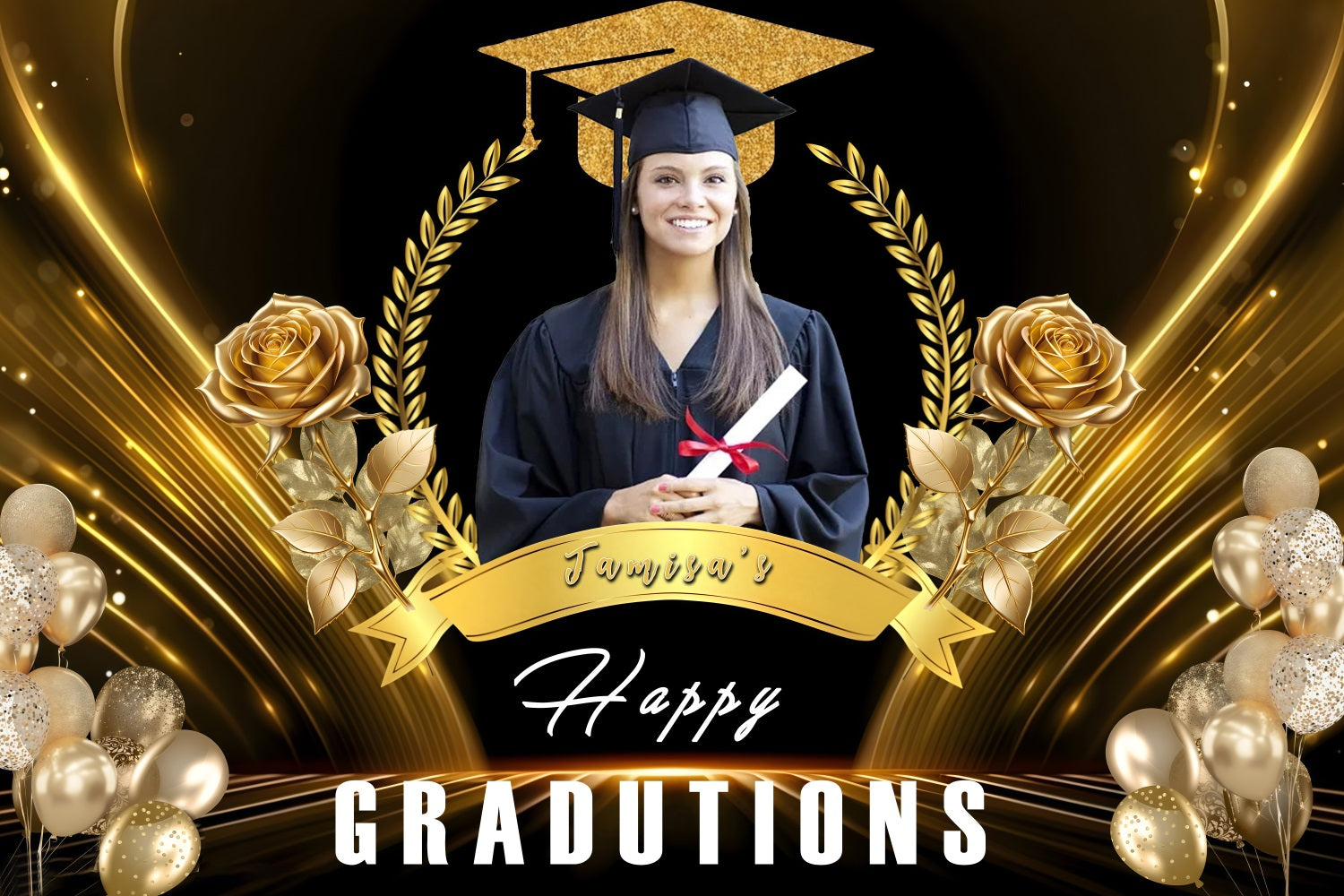 Graduated Backdrop Gold Cap Roses Balloons Personalized Party Graduation Backdrop UK MRR3-176
