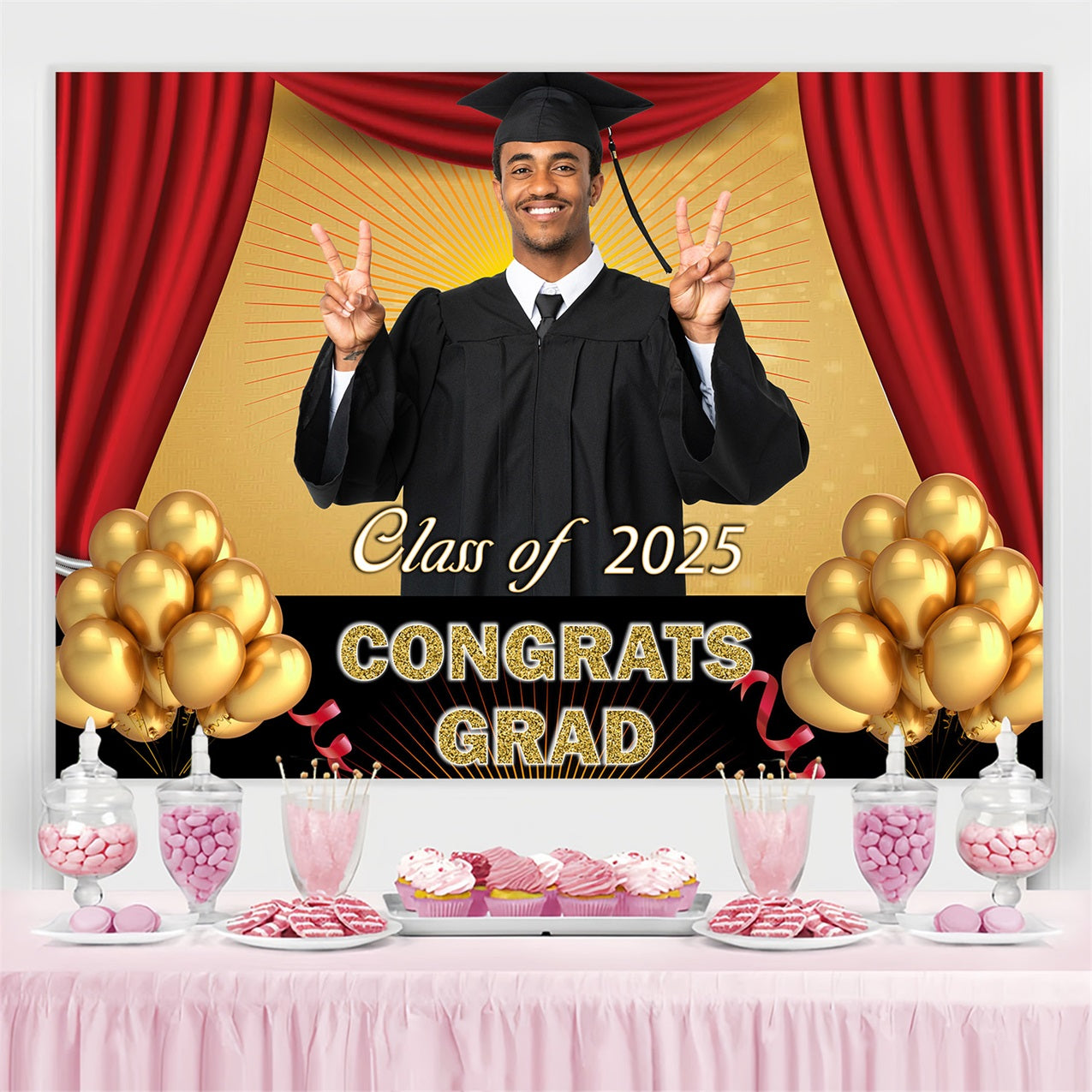 Backdrop Graduation Red Drapes Gold Balloons Personalised Party Graduation Backdrop UK MRR3-182