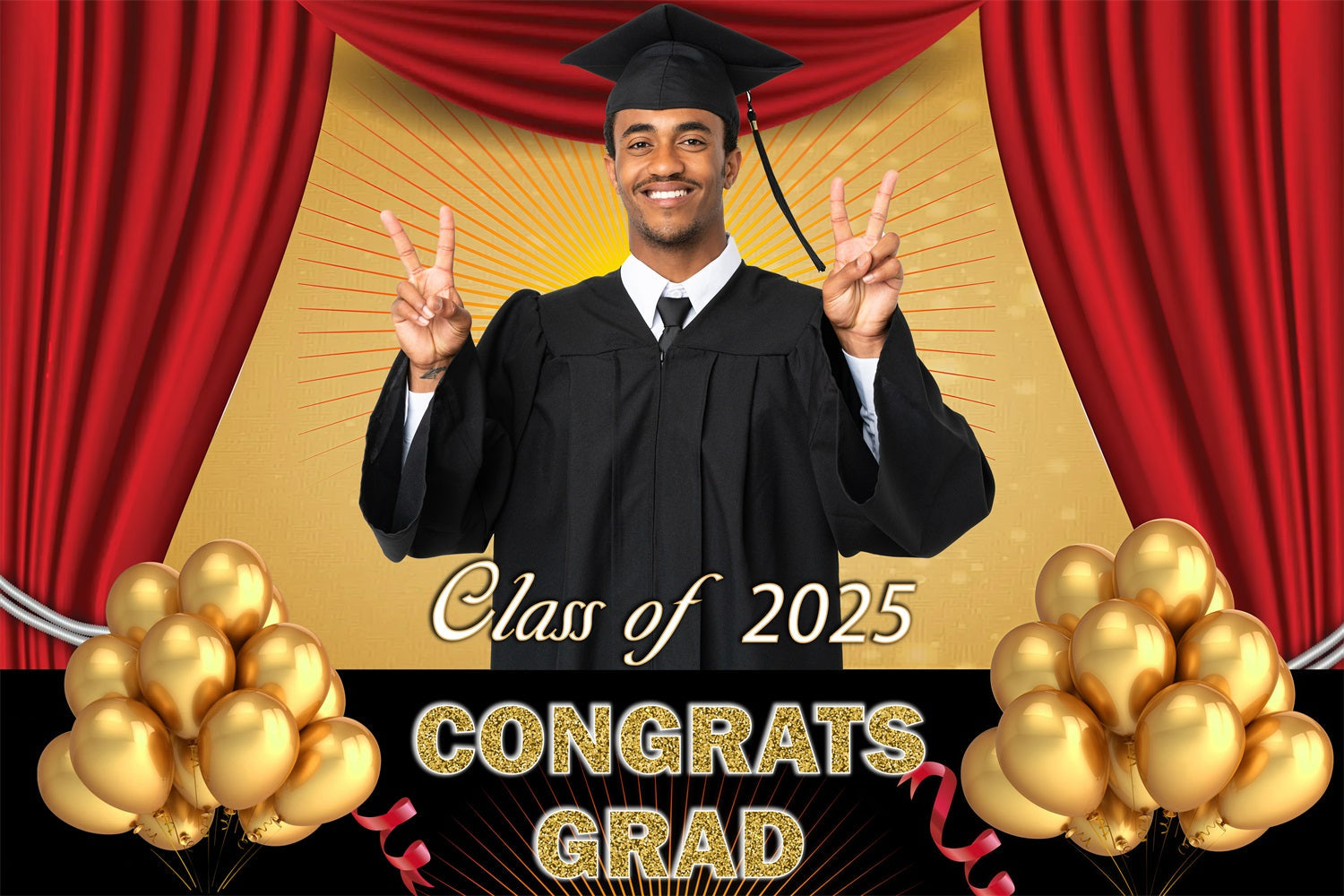 Backdrop Graduation Red Drapes Gold Balloons Personalised Party Graduation Backdrop UK MRR3-182