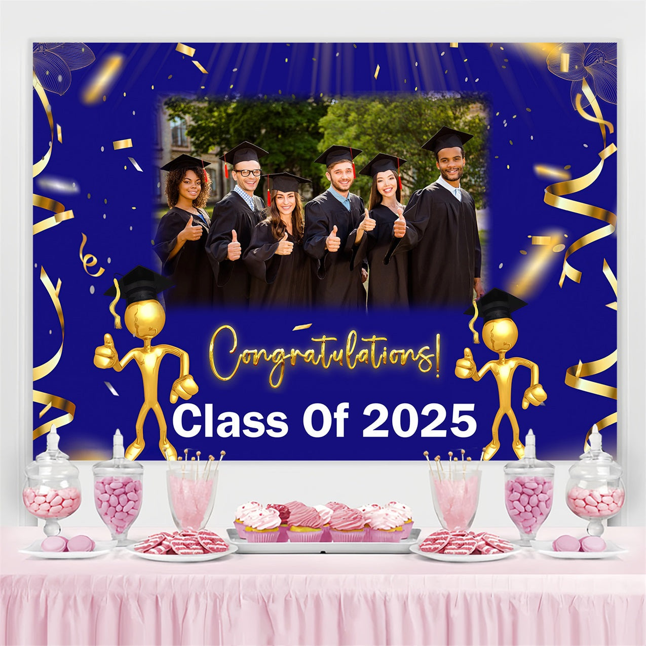 Blue Graduation Backdrop Blue Gold Confetti Personalized Party Graduation Backdrop UK MRR3-184